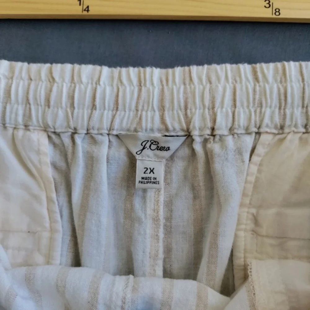 J Crew Linen Blend Beige‎ Stripe Drawstring Beach Resort Preppy Shorts Women 2X